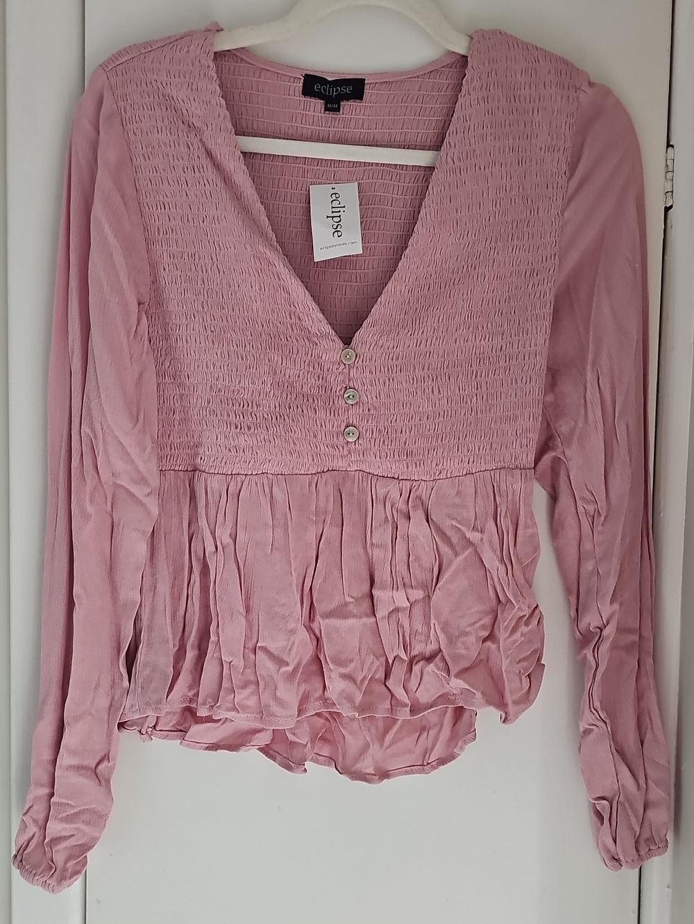 Eclipse Dusty Pink Smocked V-Neck Long Sleeve Tunic